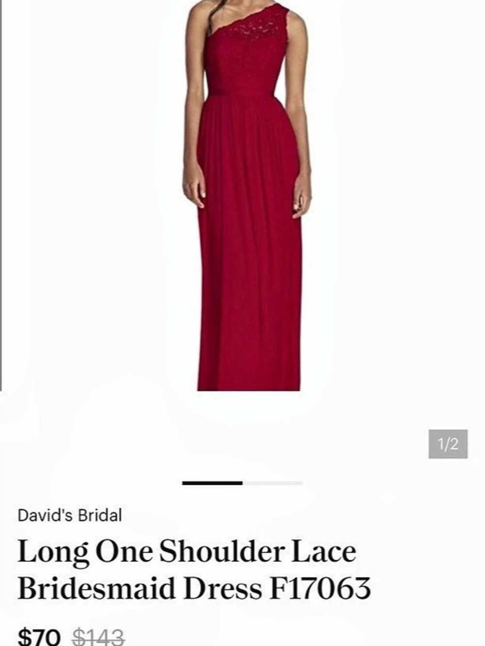 David's Bridal Long One Shoulder Lace Bridesmaid Dress Red Size 6